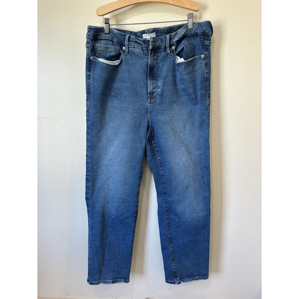 Good American Classic Jeans Size 14–18 Indigo Straight Distressed Waist GLAF478T